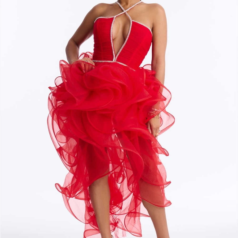 Rhinestone Ruffle Gown - Red